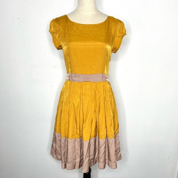 MODCLOTH Dear Creatures Gillian Fit & Flare Mini Dress Marigold Tan Size Small - Picture 3 of 11